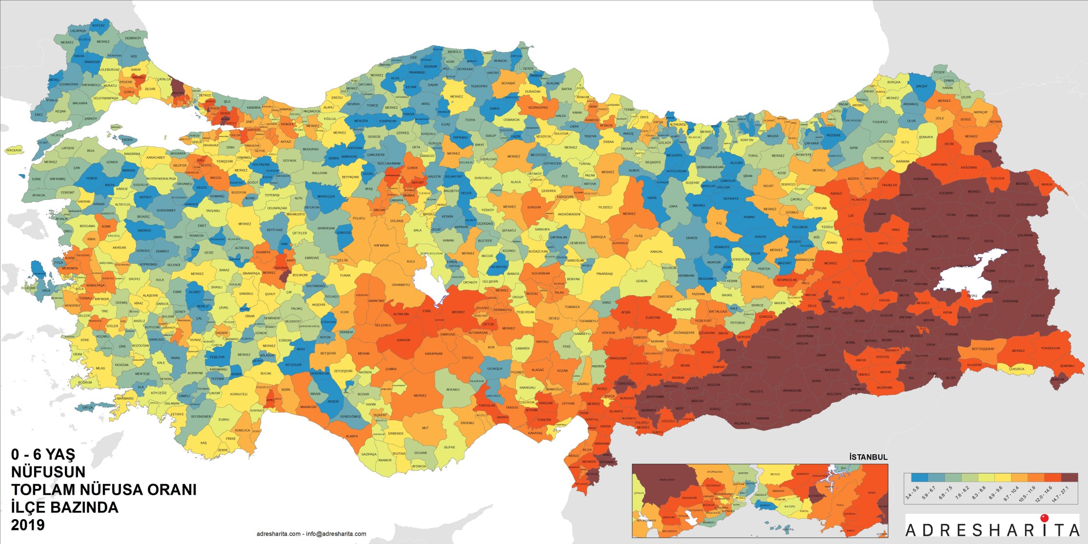 İlçelere göre 0-6 yaş nüfus oranı tematik haritası